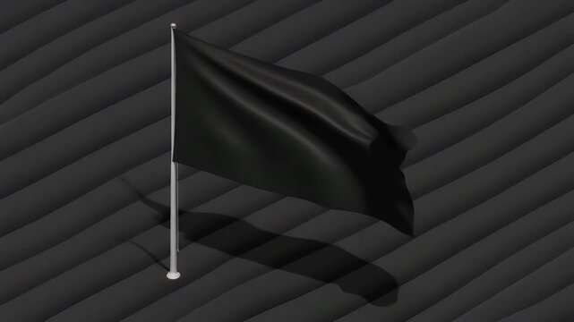 A solitary black flag gracefully hangs on a flagpole against a dark, textured, diagonally striped background.