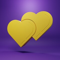 Yellow Two Linked Hearts icon isolated on purple background. Romantic symbol linked, join, passion and wedding. Valentine day symbol. Minimalism concept. 3D render illustration