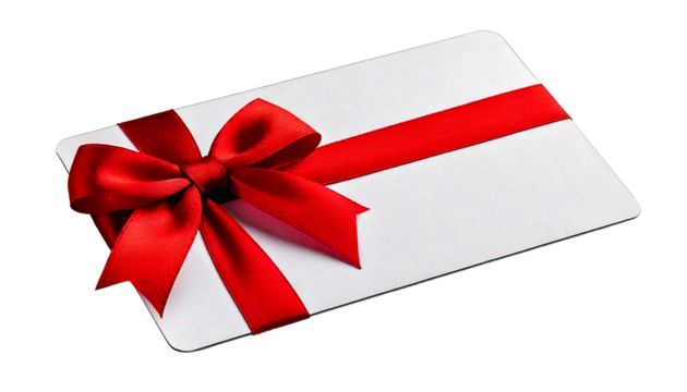White gift card with red satin ribbon and bow, isolated on a white or transparent background.png - Powered by Adobe