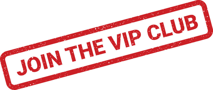 Grungy rectangular rubber stamp with a textured effect featuring JOIN THE VIP CLUB text, positioned at a dynamic diagonal angle, perfect for exclusive offers
