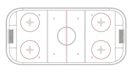 Overhead view of a detailed, outlined ice hockey rink, ready for play.