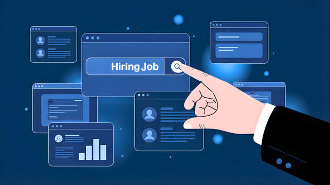 Online job search concept showing a hand interacting with a 'Hiring Job' search bar on a digital interface, representing modern recruitment and career opportunities