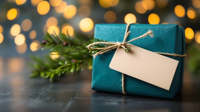 elegant, present, teal, festive, holiday, winter, christmas, gift, bokeh, pine, tags, string, cozy, detailed, realistic