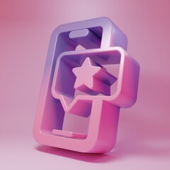 Purple-pink Mobile phone with review rating icon isolated on pink background. Concept of testimonials messages, notifications, feedback. Minimalism concept. 3D render illustration