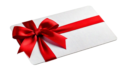 White gift card with red satin ribbon and bow, isolated on a white or transparent background.png