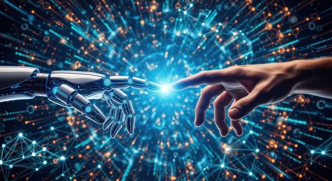 Human and robot fingers touch against a digital network background.