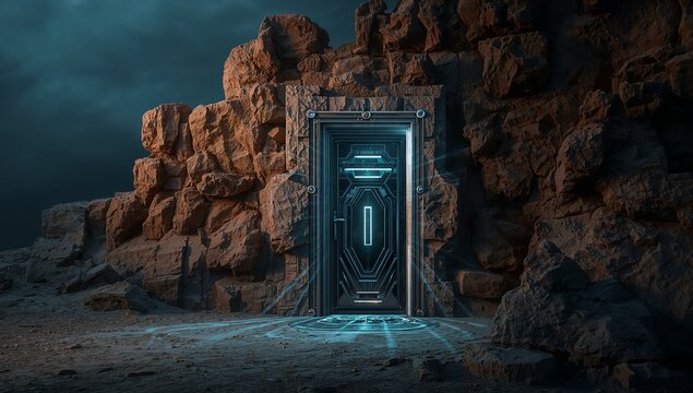 Futuristic Doorway to Another Dimension in Rocky Landscape Scene