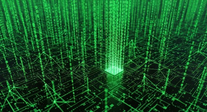 Digital binary code streams over a glowing green circuit board background.