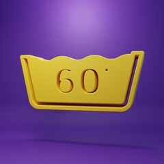 Yellow Washing under 60 degrees celsius icon isolated on purple background. Temperature wash. Minimalism concept. 3D render illustration