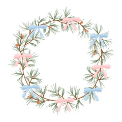 Christmas wreath with ribbon bows. Evergreen tree decoration in pastel colours. Holiday fir tree garland. Festive winter season romantic frame.