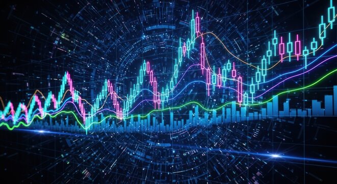 Abstract digital stock market chart with glowing neon lines and bars. - Powered by Adobe