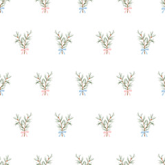 Pine branch with soft pink and blue ribbon bows on a white. Christmas seamless vector pattern in pastel colours. Print for festive wallpaper, wrapping paper, fabric, textiles