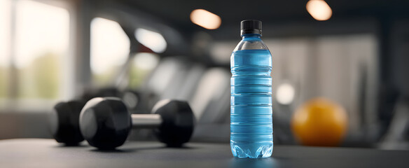 The cold bottle of electrolyte water sits next to exercise gear and fitness tools.