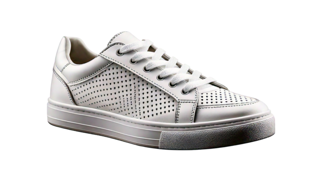 White leather low top fashion sneaker, with perforated detailing isolated on a white 