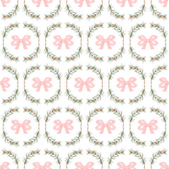 Frame of pine branches and pink bows on a white background. Evergreen tree decoration in pastel colours. Christmas delicate print. Seamless pattern for holiday wrapping paper, textile and fabric.