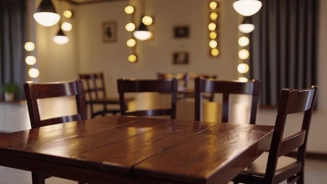 Rustic wooden table and chairs in a cozy restaurant setting with warm lighting and inviting atmosphere