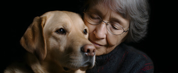 The elderly woman gently holds her therapy dog in a peaceful session.