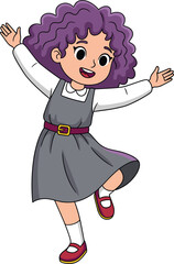 Cute Cartoon School Girl Vector with Purple Curly Hair, Wearing a Gray Jumper and Uniform, Posing Happily, Ideal for Education, Childhood, and Active Kids Graphics