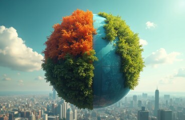 Floating globe with half autumn foliage and half green plants. City skyline below shows urban nature balance. Sky with clouds provides backdrop.