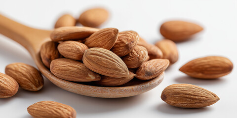 Wooden spoon with almonds against white background, ideal for health and food related designs, organic product promotions, and recipe illustrations.