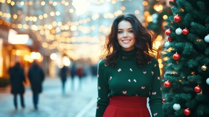Festive radiance: A joyous woman with a radiant smile exudes warmth, standing beside a decorated Christmas tree in a vibrant, festive ambiance, a symbol of seasonal cheer.