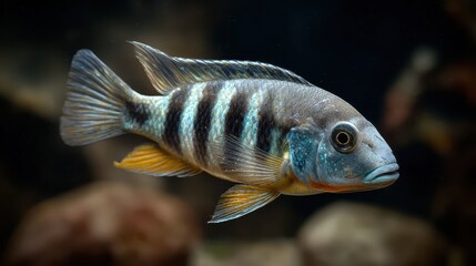 Naklejka premium Convict Cichlid. Vibrant Freshwater Fish in Natural Aquarium Setting with African Inspired Background