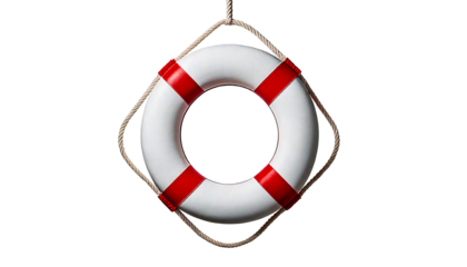 White life preserver ring with red stripes hanging by rope, isolated on a white or transpare.png