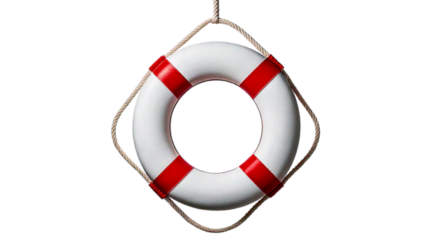 White life preserver ring with red stripes hanging by rope, isolated on a white or transpare.png