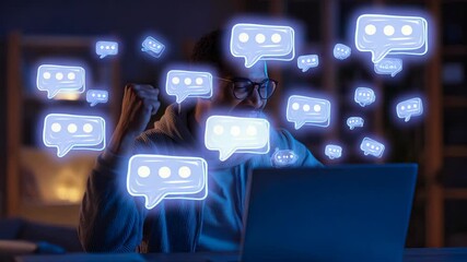Excited man using a laptop surrounded by glowing digital chat icons, symbolizing online communication, social interaction, and virtual engagement in a modern tech environment. - Powered by Adobe