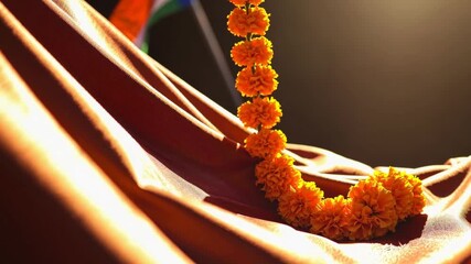 Celebration of tradition with marigold garland at Indian cultural event in vibrant surroundings