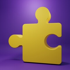 Yellow Piece of puzzle icon isolated on purple background. Modern flat, business, marketing, finance, internet concept. Minimalism concept. 3D render illustration