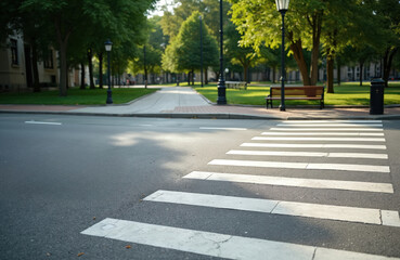 Fototapeta na wymiar Pedestrian zebra crossing on asphalt road with green park area and trees. Crosswalk marking signals safe street passage for walkers and bikes. Urban quiet street.
