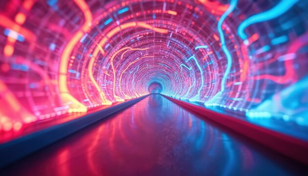 Abstract digital tunnel with glowing red, blue light lines. Moving neon waves create dynamic virtual space. Modern tech visualizes data flow, internet speed. Future connectivity, high-speed network