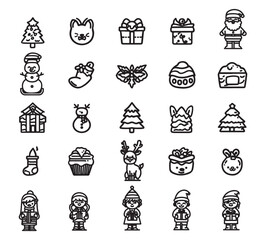 Simple line illustrations featuring Santa Claus, children, and his reindeer in various scenes, such as making toys or giving presents to children. Christmas tree, sleigh, hat, Santa Claus