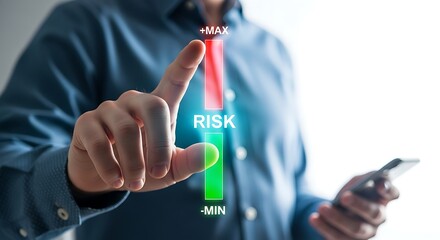 A persons finger is pointing at the risk meter in the business concept