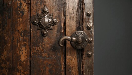 Fototapeta premium Ornate Metal Door Handle on Rustic Wooden Surface Close Up