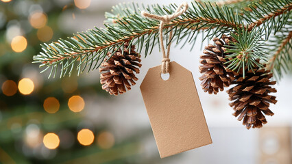 close-up of a kraft paper gift tag tied to a pine branch with pine cones, creating a natural christmas decoration with warm festive lights