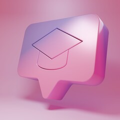 Purple-pink Graduation cap in speech bubble icon isolated on pink background. Graduation hat with tassel icon. Minimalism concept. 3D render illustration
