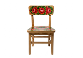 Traditional wooden chair with vibrant handpainted red roses and floral folk art design isolated on transparent background