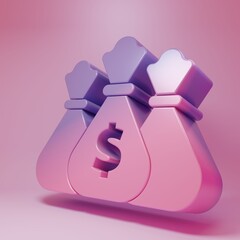 Purple-pink Money bag icon isolated on pink background. Dollar or USD symbol. Cash Banking currency sign. Minimalism concept. 3D render illustration