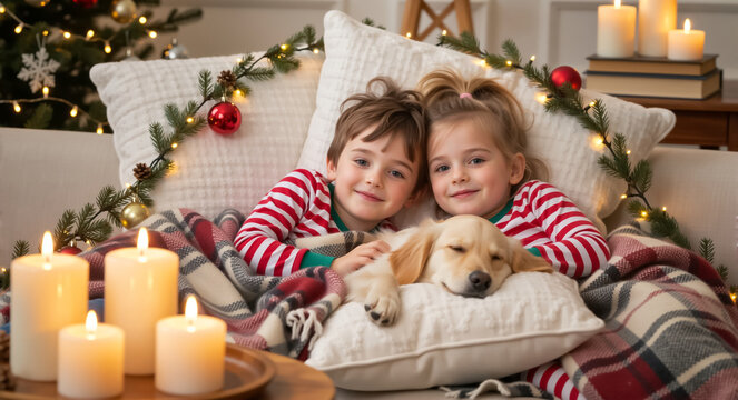 Happy children in Christmas pajamas cuddling with a sleeping puppy on a couch. Brother and sister celebrating the winter holidays in a cozy decorated home