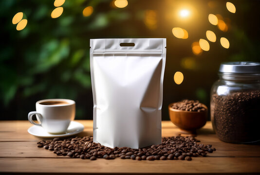 White Stand-Up Pouch with Coffee Cup and Bowl of Coffee Beans on Wooden Table, Warm Bokeh Lights and Greenery in Background Mockup
