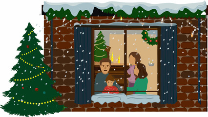 Family looking out the window at a christmas tree during a snow fall with christmas decorations outside 99