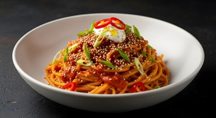 A bowl of spaghetti with tomato sauce sesame seeds scallions and chili peppers on a dark background
