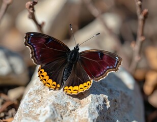 Mourning cloak butterfly rests on light colored rock. Dark maroon wings feature blue spots and yellow edges. Insect body is black and fuzzy. Nature detail close up.