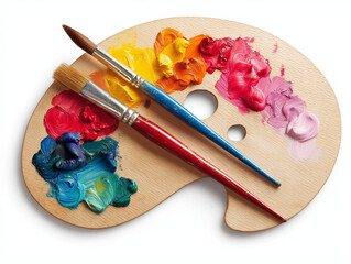 Wooden palette with colorful paint and brushes, vibrant tools for painting and art creation, perfect for art themed designs.