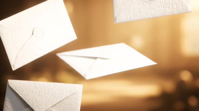 Flying white envelopes spinning and falling in slow motion with textured embossed paper floating in warm light and blurred background creating calm peaceful nostalgic atmosphere