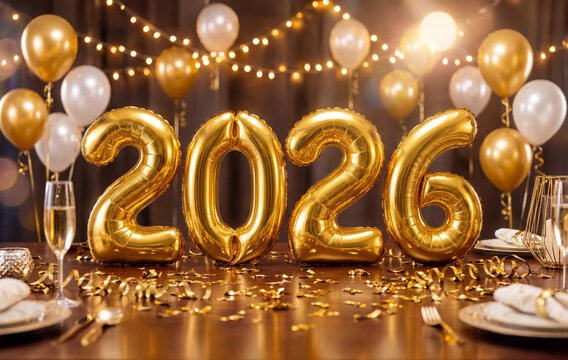 Elegant New Year Celebration Table with Golden 2026 Foil Balloons, Champagne Glasses, White and Gold Balloons, and Festive String Light