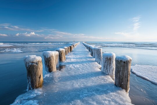Wooden breakwater covered in ice and snow extends into a calm, blue ocean under a clear sky. - Powered by Adobe