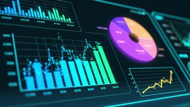Futuristic AI dashboard glowing with business intelligence charts featuring vibrant data visualization including bar graph, pie chart, and line graph for comprehensive data analysis and insights